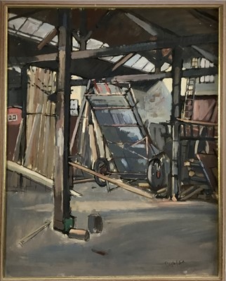 Lot 117 - Douglas Pittuck (1911-1993), oil on board, Workshop interior, signed, 62 x 50cm, framed