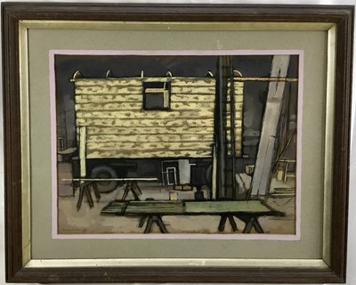 Lot 157 - Douglas Pittuck (1911-1993), mixed media on paper, Workshop interior, signed and dated 1956, 36 x 49cm, glazed frame