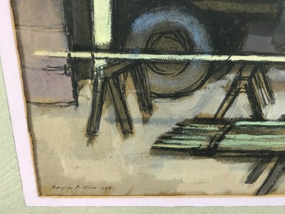 Lot 96 - Douglas Pittuck (1911-1993), mixed media on paper, Workshop interior, signed and dated 1956, 36 x 49cm, glazed frame