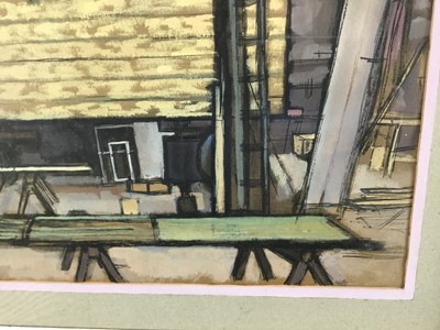 Lot 96 - Douglas Pittuck (1911-1993), mixed media on paper, Workshop interior, signed and dated 1956, 36 x 49cm, glazed frame