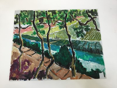 Lot 81 - *John Hanbury Pawle (1915-2010) gouache works on paper - some signed, to include landscapes of 'The Tua' river, Portugal, and 'Le Fournil Restaurant, Mougins', all approx 53cm x 43cm, unframed