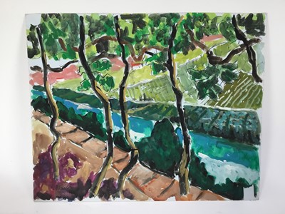 Lot 81 - *John Hanbury Pawle (1915-2010) gouache works on paper - some signed, to include landscapes of 'The Tua' river, Portugal, and 'Le Fournil Restaurant, Mougins', all approx 53cm x 43cm, unframed