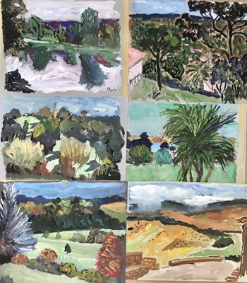 Lot 82 - *John Hanbury Pawle (1915-2010) six gouache works on paper and card - one signed, all approx 53cm x 43cm unframed