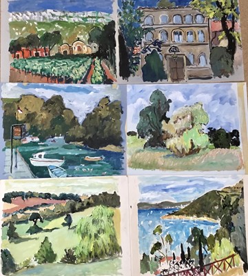 Lot 83 - *John Hanbury Pawle (1915-2010) six gouache works on paper and card - two signed, all approx 53cm x 43cm, unframed