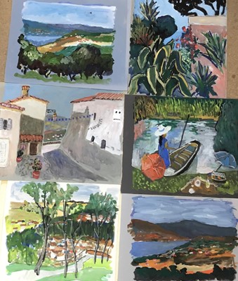 Lot 85 - *John Hanbury Pawle (1915-2010) six gouache works on paper and card - one signed, all approx 53cm x 43cm, unframed