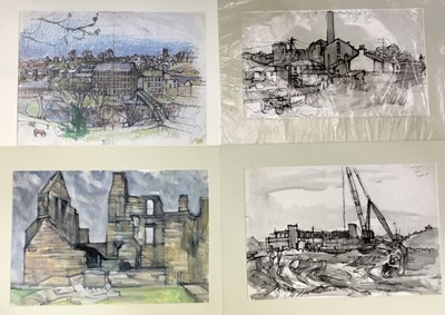 Lot 103 - Douglas Pittuck (1911-1993) mixed media on paper, Industrial landscape, signed and dated '61, 30 x 50cm, mounted, together with further works on paper similarly presented