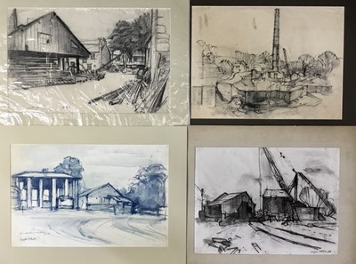 Lot 108 - Douglas Pittuck (1911-1993) mixed media on paper, Foundry Yard, signed and with studio stamp, 33 x 55cm, mounted, together with further six works on paper similarly presented