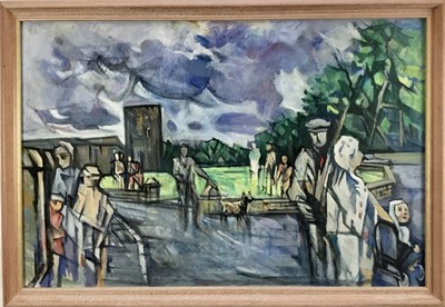 Lot 109 - Douglas Pittuck (1911-1993) oil on board - Bustling street scene, signed and dated 1992, 61 x 92cm, framed