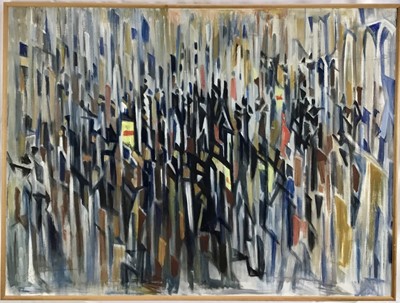 Lot 111 - Douglas Pittuck (1911-1993) oil on canvas, abstract - 'Independence of a former Soviet Country, signed and dated 1990, titled to exhibition label verso, 77 x 100cm, framed, together with a large oi...