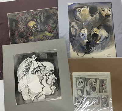 Lot 116 - Douglas Pittuck (1911-1993) mixed media on paper, Alien figure, with studio stamp, 23 x 23cm, mounted, together with further six works on paper similarly presented