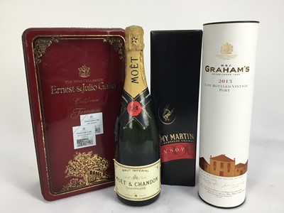 Lot 30 - Five bottles, Moët Chandon, two bottles Ernest & Julio Gallo in presentation tin, Grahams LBV port 2013 and Remy Martin  V.S.O.P.