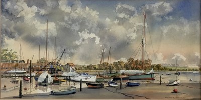 Lot 146 - Melvyn Brinkley, contemporary, watercolour - Woodbridge, signed, 25cm x 51cm, in glazed frame