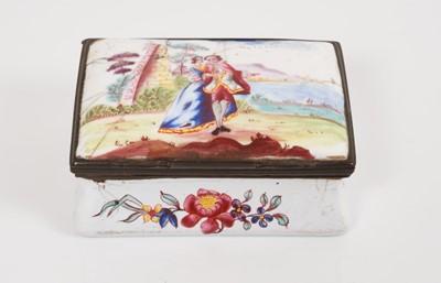 Lot 972 - Large South Staffordshire enamel rectangular snuff box, painted with a couple, circa 1760