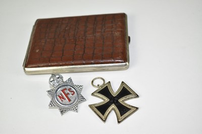 Lot 788 - Second World War Nazi Iron Cross (Second Class), National Fire Service (NFS) badge and a leather cigarette case (3).