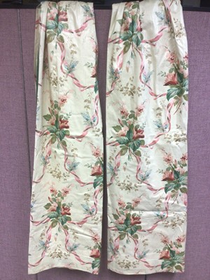 Lot 2081 - Two pairs of floral glazed cotton curtains with pinch pleat headings and lined.  130 cm (at hem) x 136 cms approximately.  Also a printed woodland scene cotton bed cover and a single floral printed...
