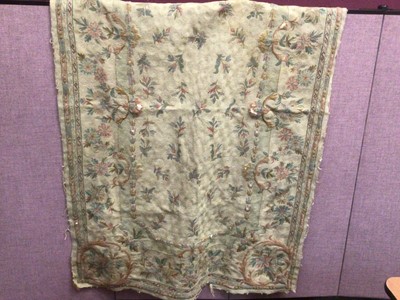 Lot 2082 - Box of needlepoint tapestry items including a red and gold runner dragons and flowers, three meters approximately.  A hand embroidered rug in wool chain stitch, two small samples etc.