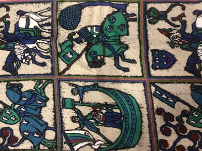 Lot 2083 - A length of 1960's/ 70's  printed linen fabric , medieval scenes with knights.  120 x 300 cms approximately.