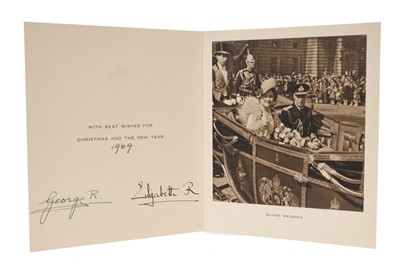 Lot 46 - T.M.King George VI and Queen Elizabeth, signed 1949 Christmas card with gilt crown to cover, photograph of the Royal couple in an open carriage signed ' George R 1949 Elizabeth R' Provenance: Sent...