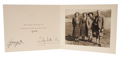 Lot 47 - T.M.King George VI and Queen Elizabeth, signed 1950 Christmas card with gilt crown to cover, photograph of the family in the Highlands to the inside, signed ' George R 1950 Elizabeth R' Provenance:...