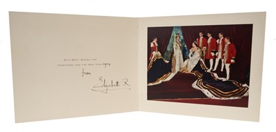 Lot 49 - H.M.Queen Elizabeth The Queen Mother, signed 1954 Christmas card with gilt crown to cover, splendid colour photograph of Her Majesty with Princess Margaret in their Coronation robes , signed '1954...