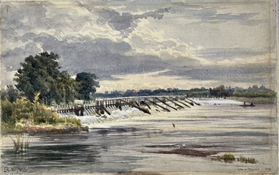 Lot 1290 - J. Lennox Browne (act.1868-1902) watercolour - Sunbury Weir, signed, titled and dated 1878, 14cm x 22cm, unframed
