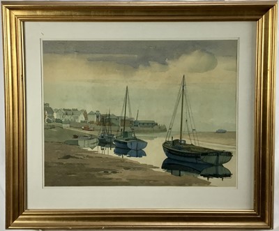 Lot 279 - Watercolour of boats in glazed gilt frame, Aubrey Williams limited edition print -Woodbridge Tide Mill, no. 241/250 and one other framed and glazed picture (3)