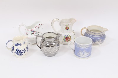 Lot 250 - A Regency silver glazed pottery jug, together with a lilac ground mug and jug, a Caughley-style Coalport jug and two polychrome jugs (6)