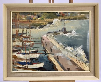 Lot 140 - Victor Askew (1909-1974) oil on board, harbour scene