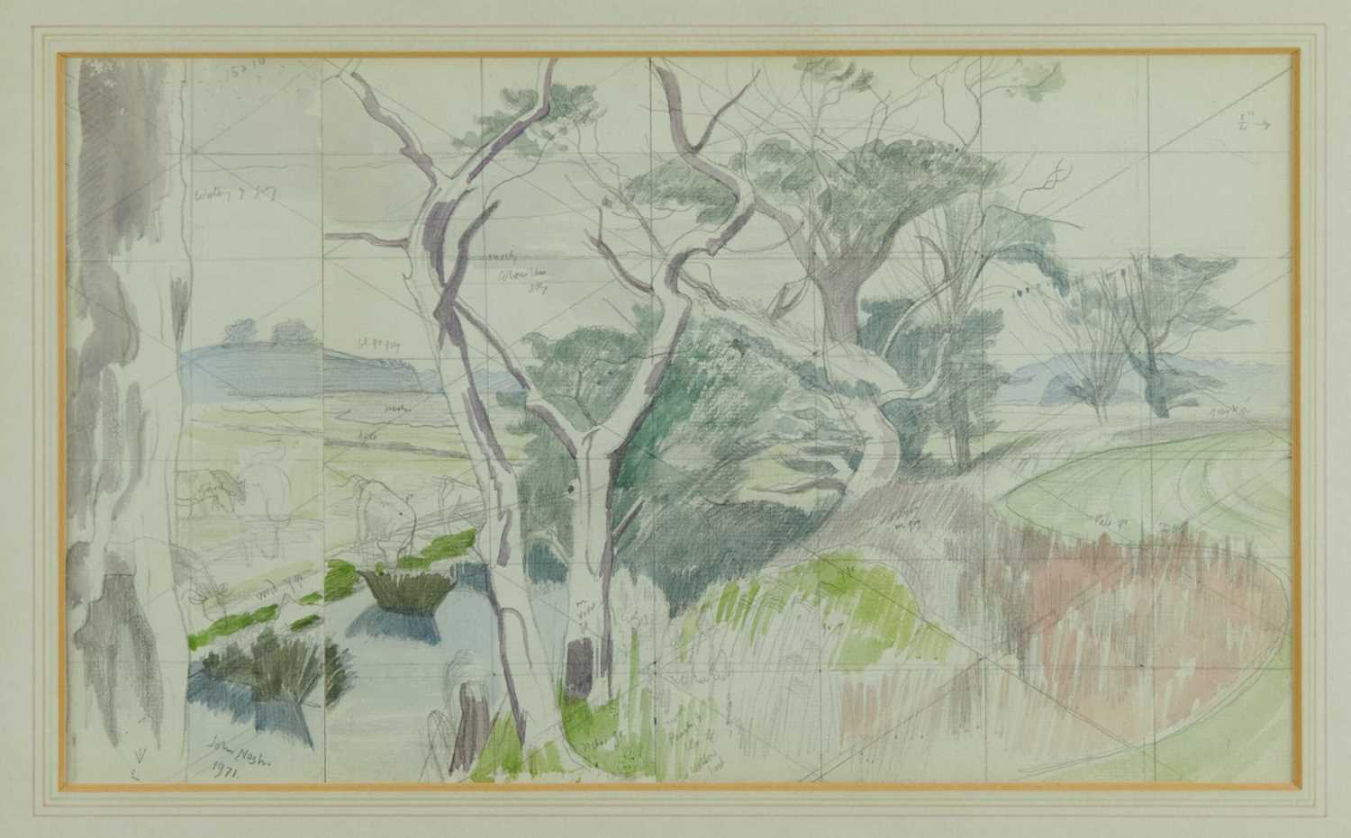 Lot 1168 - *John Northcote Nash (1893-1977) watercolour - landscape with cattle, squared for transfer and annotated in pencil, signed and dated 1971, 22.5cm x 38cm, in glazed frame