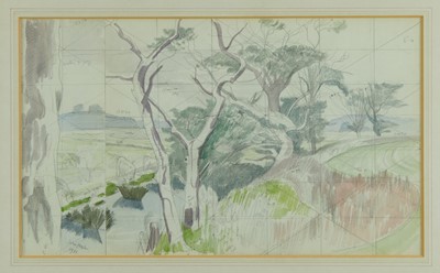 Lot 1168 - *John Northcote Nash (1893-1977) watercolour - landscape with cattle, squared for transfer and annotated in pencil, signed and dated 1971, 22.5cm x 38cm, in glazed frame