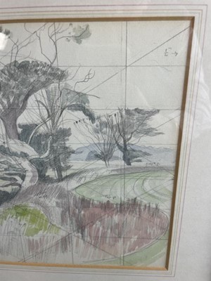 Lot 1168 - *John Northcote Nash (1893-1977) watercolour - landscape with cattle, squared for transfer and annotated in pencil, signed and dated 1971, 22.5cm x 38cm, in glazed frame