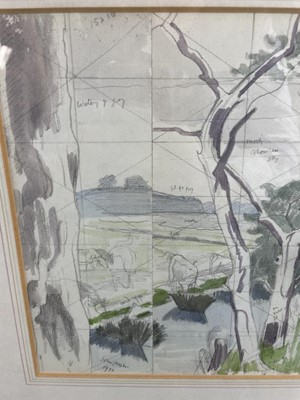 Lot 1168 - *John Northcote Nash (1893-1977) watercolour - landscape with cattle, squared for transfer and annotated in pencil, signed and dated 1971, 22.5cm x 38cm, in glazed frame