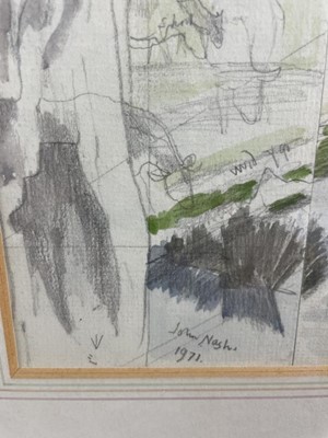 Lot 1168 - *John Northcote Nash (1893-1977) watercolour - landscape with cattle, squared for transfer and annotated in pencil, signed and dated 1971, 22.5cm x 38cm, in glazed frame