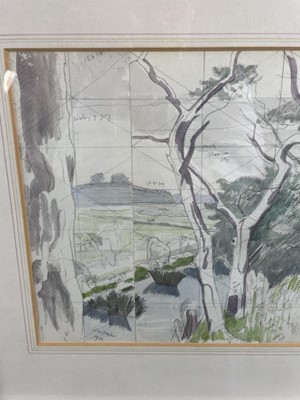 Lot 1168 - *John Northcote Nash (1893-1977) watercolour - landscape with cattle, squared for transfer and annotated in pencil, signed and dated 1971, 22.5cm x 38cm, in glazed frame