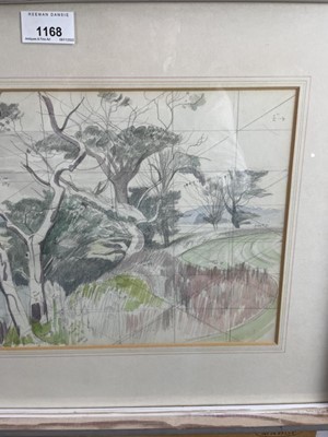 Lot 1168 - *John Northcote Nash (1893-1977) watercolour - landscape with cattle, squared for transfer and annotated in pencil, signed and dated 1971, 22.5cm x 38cm, in glazed frame