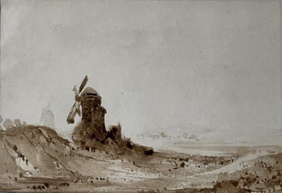Lot 1311 - Norwich School, 19th century, pair of sepia watercolours - East Anglian Landscapes, 13.5cm x 19cm and 12cm x 19cm, in glazed gilt frames. Mandell's Gallery labels verso