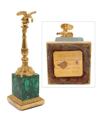 Lot 91 - Rare Imperial Russian ormolu and malachite presentation watch holder