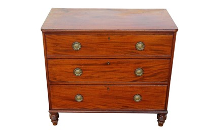 Lot 1417 - Regency mahogany chest of drawers with three long graduated drawers on spool feet, 94cm wide x 50cm deep x 84cm high