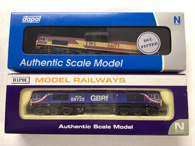 Lot 121 - Dapol N gauge locomotives EWS white cab roof  Class 66 diesel locomotive 66177, 2D-007-003D, First Group Class 66 GBRf diesel locomotive 66725, ND-074A plus BR maroon B Set Coach twin pack W693w &...