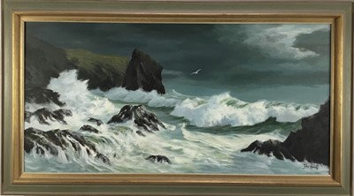 Lot 287 - John Hewitt oil on board, Bedruthan Steps Cornish Coast, signed, 102cm x 51cm