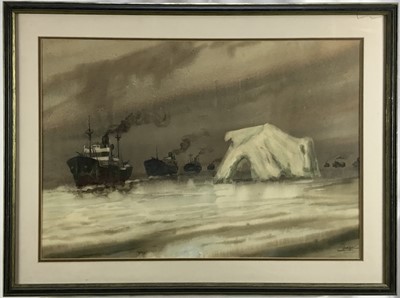 Lot 65 - Georgy Chelak (b.1914) watercolour on paper - Convoy off Greenland, 64cm x 44cm, mounted in glazed frame (79cm x 59cm overall)