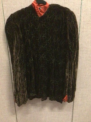 Lot 2094 - Victorian brown velvet tunic with shoulder opening, hand embriodered flowers, fine pleating, wide gathered sleeves.  Also a velvet evening top, black embroidered shher top and two vintage skirts.