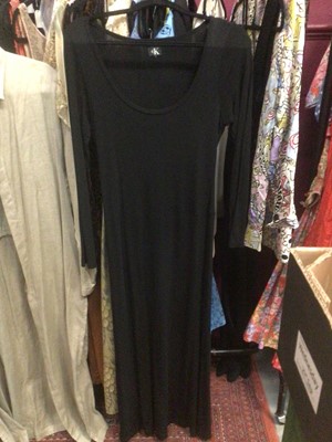 Lot 2099 - Designer clothing including black column dress by CK,  black off the shoulder dress by Emporio Armani, black evening jacket DKNY, cream linen long unstructured coat and top by Sarah Pacini.  Plus a...
