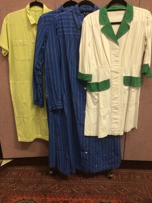 Lot 2101 - Group of mixed vintage clothing including cotton dresses, linen jacket, two waistcoats and work overalls.