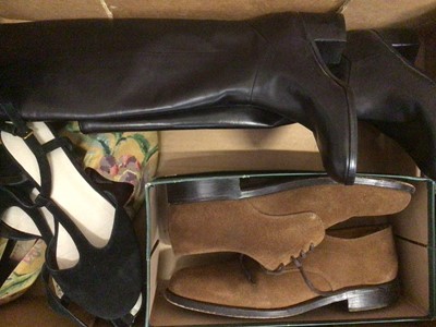 Lot 2103 - Pair of ladies' black leather boots by Marretta Italian size 5, as new. gentlemen's Ducker & Son light brown suede shoes size 81/2  plus two other pairs of ladies shoes.