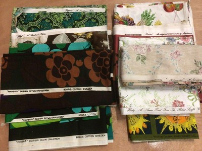 Lot 2104 - Box of vintage fabrics including 1970's designs. Swedish screen prints Rapsodi by Rita Wahlstrom, green and brown , Mykero by Saini Salonen, Plexus by Sven Frisedt.  Sanderson's Kilmaurs, Henley,...