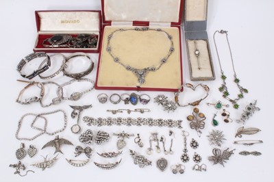 Lot 603 - Group of antique and later paste set jewellery including a starburst brooch and similar pair of clip on earrings, silver marcasite bangle, other silver marcasite brooches, silver marcasite wristwat...