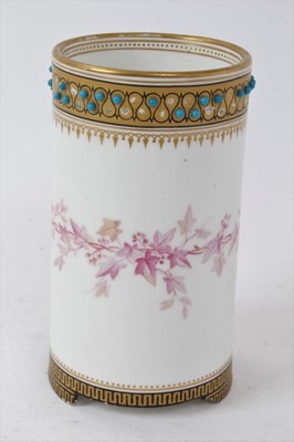Lot 92 - Victorian porcelain cylinder vase with blue enamelled jewelling and painted ivy decoration with presentation inscription to base ' Presented to the Countess of Shrewsbury by Pinder & Co with the co...