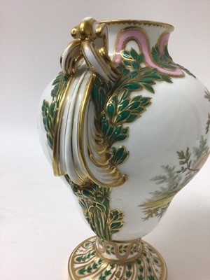 Lot 291 - A Minton Sevres-style vase and cover, circa 1850-70, polychrome decorated with flowers and exotic birds, on a green and pink ground with scrollwork handles, ermine mark to base, 32cm high