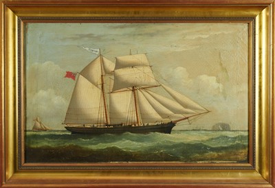 Lot 1236 - Joseph Semple (1830 - 1877) oil on canvas, The Snowdrop, a two masted sailing ship off Bass Rock in the outer part of the Firth of Forth,  
signed and inscribed Belfast. 42 x 68cm.